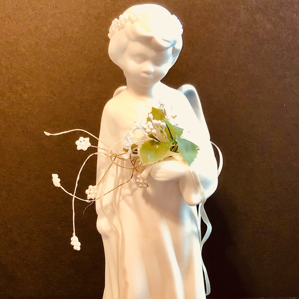 White Cherub Angel Statue with Bouquet of Garden Flowers